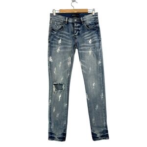 Purple Brand P001 Worn Slashed Paint Skinny Jeans Light Indigo Aash